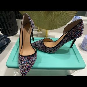 Red, Blue, Black, and Clear bling and Suede Heels